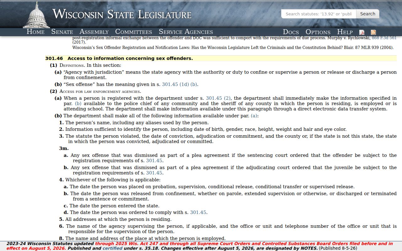 Wisconsin community notification law for Polk County sex offender records