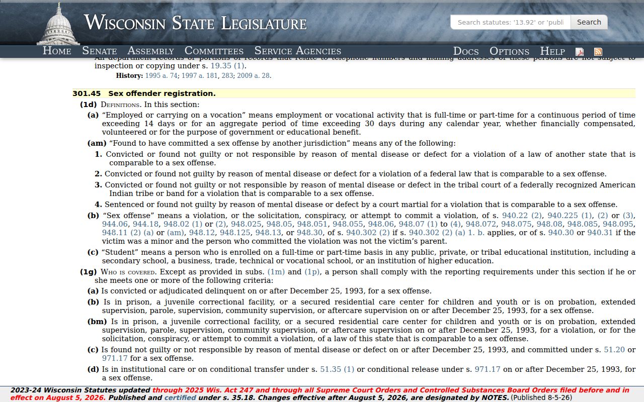 Wisconsin registration requirements for a Polk County sex offender search